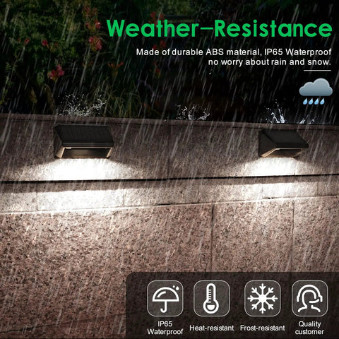 Solar Fence Lights 6 Pack With 8 Modes Warm White Cool White RGB on wall in rain, highlighting waterproof feature