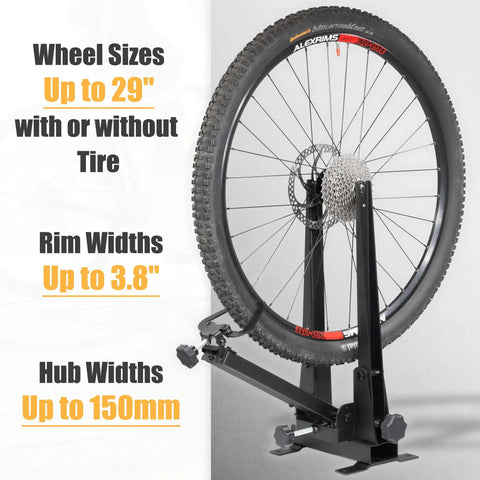 Bicycle Wheel Truing Stand For Precise Rim Alignment With Beefy Heavy Duty Base shown with mounted 29 inch wheel
