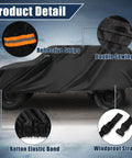 Outdoor Heavy Duty Car Cover For Jeep Wrangler 4 Door JK JL TJ YJ From 2007 To 2021 Waterproof Dust Wind Snow Protection With Driver Door Zipper And Reflective Safety Bars Black, showing reflective strips, double sewing, elastic band, and windproof straps.