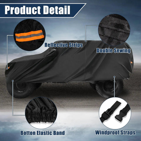 Outdoor Heavy Duty Car Cover For Jeep Wrangler 4 Door JK JL TJ YJ From 2007 To 2021 Waterproof Dust Wind Snow Protection With Driver Door Zipper And Reflective Safety Bars Black, showing reflective strips, double sewing, elastic band, and windproof straps.