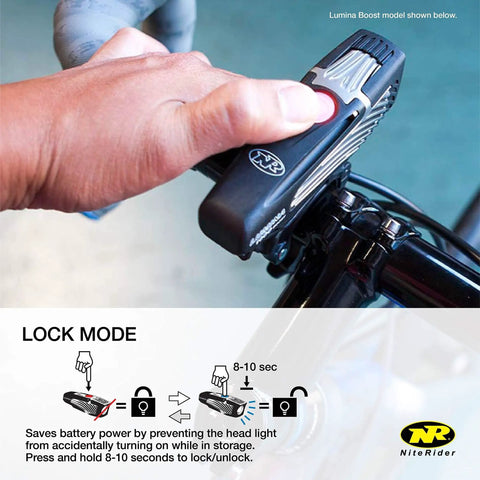 Person activating lock mode on Lumina Micro 850 Front Bike Light USB Rechargeable LED Water Resistant, Great For Mountain, Road, City Commutes And Urban Cycling Safety Flashlight, Black.