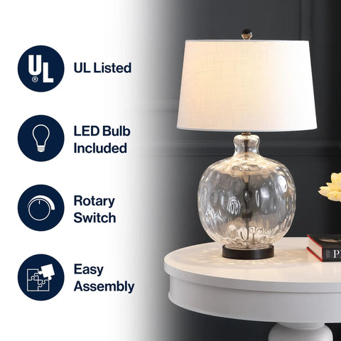 Clear Glass And Black Metal LED Table Lamp For Bedroom And Living Room, Transitional Farmhouse Style Nightstand Light, on table.