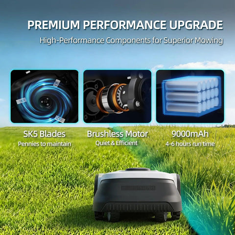 Close-up of DW3000 Wireless Robotic Lawn Mower with GPS RTK AI Vision Navigation showing SK5 blades, motor, and battery features