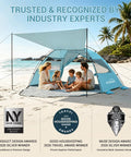 Family sitting inside CumbreX Beach Tent Sun Shelter With Canopy For 6 To 8 People, Easy Setup Cabana Shade, UPF 50 Plus UV Protection, Sky Blue.