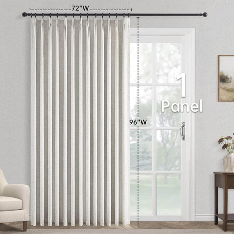 Extra Wide Blackout Linen Drapery Panel With Hooks, Pinch Pleat Curtains For Patio Sliding Doors And Large Windows, 72 By 96 Inches One Panel installed in living room