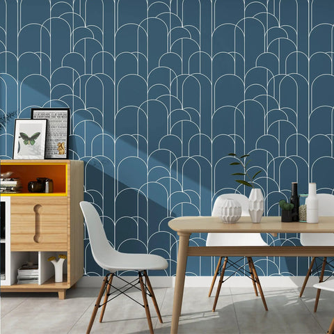 Peel And Stick Modern Geometric Wallpaper 17.71 Inch Wide By 511 Inch Long Matte Self Adhesive in a blue living room decor.