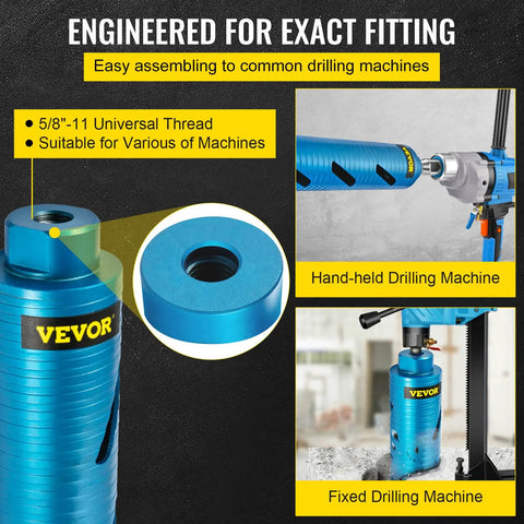 Diamond Dry Core Drill Bit Kit With Pilot Bit And 4.5 Inch Blade installed on drilling machines, 2.5 inch diameter, blue
