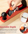 Adjustable Wooden Hand Planer Features An Extra Thick Steel Blade Barbell Depth Lock shown adjusting depth with orange knob.