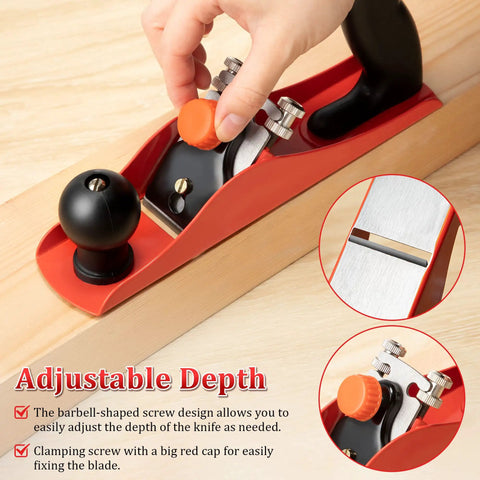 Adjustable Wooden Hand Planer Features An Extra Thick Steel Blade Barbell Depth Lock shown adjusting depth with orange knob.