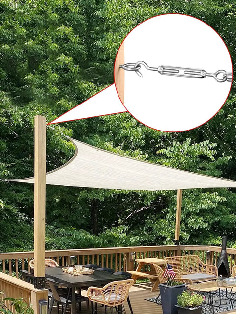 Stainless Steel Turnbuckle Set for Cables and Wires 304 Grade Turnbuckle Hook and Eye Tensioners shown on sun shade deck