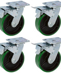 Beefy Heavy Duty 6 Inch By 2 Inch Swivel Caster Wheels Set Of 4 With Total Lock Brakes, green polyurethane wheels, top plate view