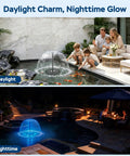 Family enjoying floating pond fountain pump with lights remote control RGB LED 660 GPH aerator in day and night settings