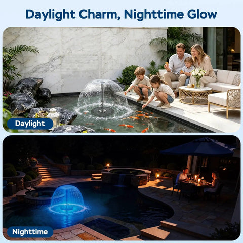 Family enjoying floating pond fountain pump with lights remote control RGB LED 660 GPH aerator in day and night settings