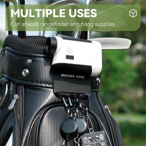 Golf bag with Magnetic Metal Landing Pads For Golf Bags, Quick Fixation for rangefinders, towels, flasks, carabiners in use.