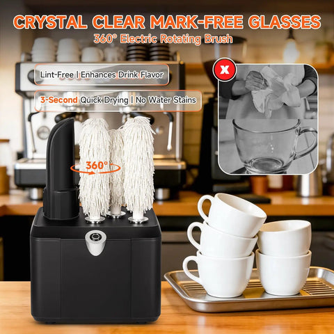 Commercial Glass Polisher And Bar Washer Delivers Crisp Spotless Shine With Smart Warm Air Blast Paired With Food Safe Bristles Handling Three Hundred Thirty Glasses Hourly A Total Hustle Saver For Busy Bars with electric rotating brush.