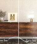 Before and after use of Wood Grain Peel And Stick Contact Paper DIY Friendly Self Adhesive Removable Brown Wood Wallpaper on cabinet.