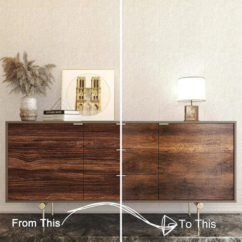 Before and after use of Wood Grain Peel And Stick Contact Paper DIY Friendly Self Adhesive Removable Brown Wood Wallpaper on cabinet.