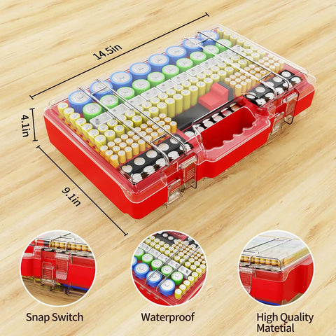 Ultra Large Battery Storage Organizer Case With Built In Tester Holds Over 280 Batteries Dual Sided Variety Pack For AA AAA C D 9V Lithium 18650 CR2 CR123 CR1632 And More For DIYers Red, clear lid