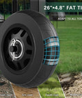 Close-up of a 26x4.8 fat tire for an All-In-One Rolling Garden Stool With Wheels, Heavy Duty Outdoor Cart For Yard And Patio.