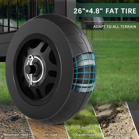 Close-up of a 26x4.8 fat tire for an All-In-One Rolling Garden Stool With Wheels, Heavy Duty Outdoor Cart For Yard And Patio.