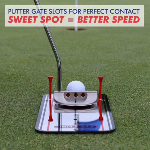 Putting Mirror Alignment Training Aid For Golfers With Built In Eye Alignment Mirror And Stroke Path on green grass mat