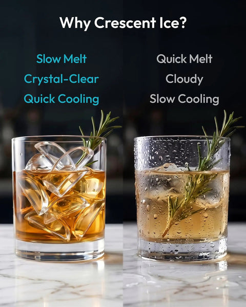 Crescent ice comparison: crystal-clear slow melting ice cubes in whiskey vs. cloudy quick melting ice in cocktail.