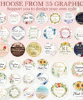 Custom Wedding Stickers And Personalized Labels For Favors With Logo Or Photo Waterproof Vinyl That Really Pops For Birthdays Or Your Business Thank You Gifts 50 To 1000 Quantity shown with various designs.