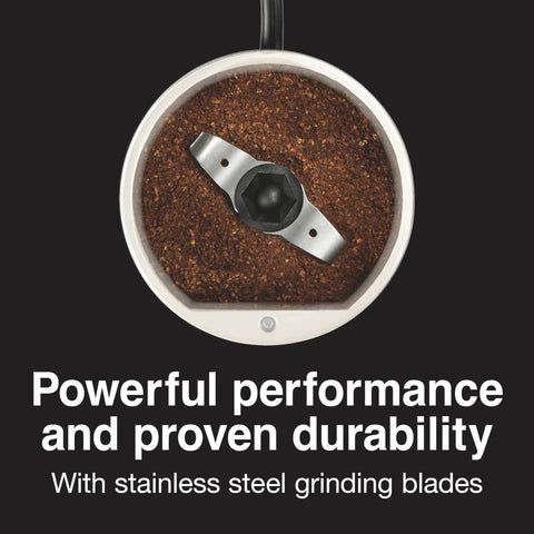 Close-up of Fresh Grind Electric Coffee Grinder for 12 cups with stainless steel blades and ground coffee visible inside.