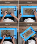 Heavy Duty 2 In 1 Trimming Tray With 150 Micron Fine Mesh Screen Dry Sift Kit And 2 Trimming Scissors in use on table