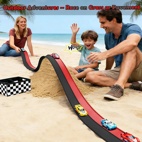 Flexible 15 Ft Race Track Starter Set With Strong Suction Cups For Kids 3 Plus Roll Up Track in outdoor sand play with family