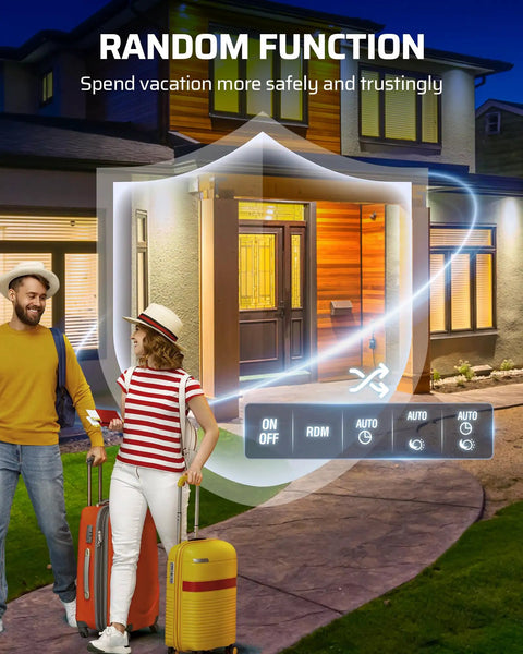 Heavy Duty Outdoor Digital Timer For Front Porch And Backyard Lights With Hassle Free Weekly Scheduling And Auto Random Lighting All Season Weather Resistant Plug In, displayed with travelers at front door.