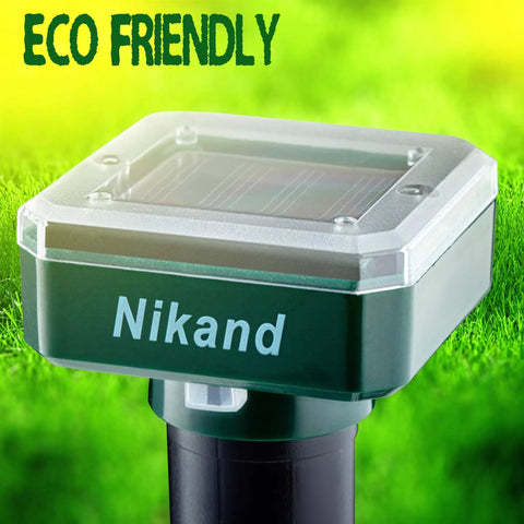 Solar Mole Repellent Ultrasonic 4 Pack For Lawn Garden Yard Home Humane Pest Deterrent close-up with eco-friendly label