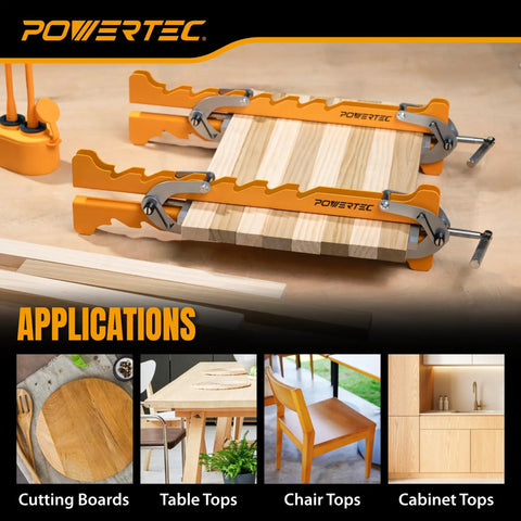 Heavy Duty Four Way Pressure 16 Inch Panel Clamps Set Of 4 Plus Two Storage Racks securing wood panels for cutting boards and tabletops
