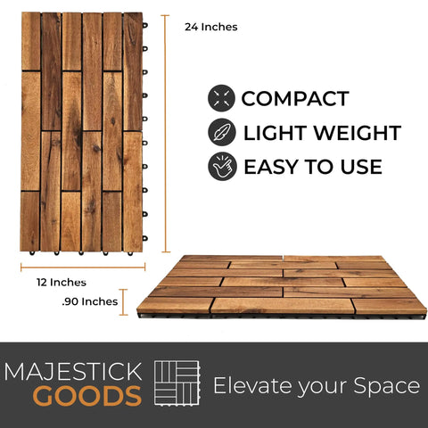 Top and side view of Interlocking Longboard Deck Tiles With Acacia Wood For Outdoor Patios And Walkways Easy Install No Fuss Raised Base Drainage Weather Resistant Durable Flooring 24 By 12 By 0.9 Inches Set Of 6 next to compact, lightweight, and easy to use icons.