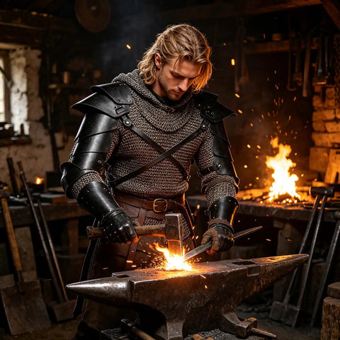 Blacksmith working in Badass Battle Ready Gothic Viking Pauldron Set PU Leather Double Shoulder Armor Guards With Chest Harness