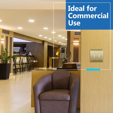 Toggle Light Switch Wall Plate 2 Gang Metal Cover In Stainless Steel With Brushed Brass Finish shown in modern interior.