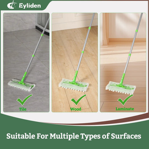 24 Count Heavy Duty Pet Hair Sweeper Pads For 10 Inch Mop shown on tile, wood, and laminate floors for effective cleaning.