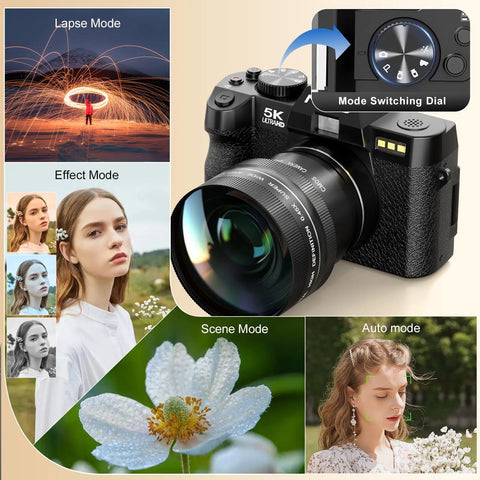 5K Vlogging Camera With 180 Degree Flip Screen And 16x Zoom, 64MP Photos, External Mic Input, Macro Lens, and mode switching