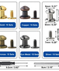 75 Pack Round Head Button Studs And Chicago Screws With Sleek Zinc Alloy Heads for Heavy Duty Leather Crafting, Gold, Copper, Bronze, Gun Metal, Silver.