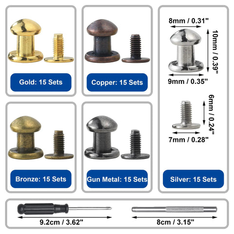 75 Pack Round Head Button Studs And Chicago Screws With Sleek Zinc Alloy Heads for Heavy Duty Leather Crafting, Gold, Copper, Bronze, Gun Metal, Silver.