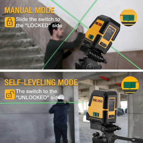 Laser Level With Tripod 100 Ft Rechargeable Dual Modules Line Laser Self Leveling Wide Angle Cross Line Tool displayed in use