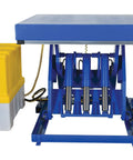 Heavy Duty Electric Hydraulic Scissor Lift Table With 48 By 48 Inch Deck And 10000 Lb Capacity built tough with hydraulic cylinders and yellow reservoir.