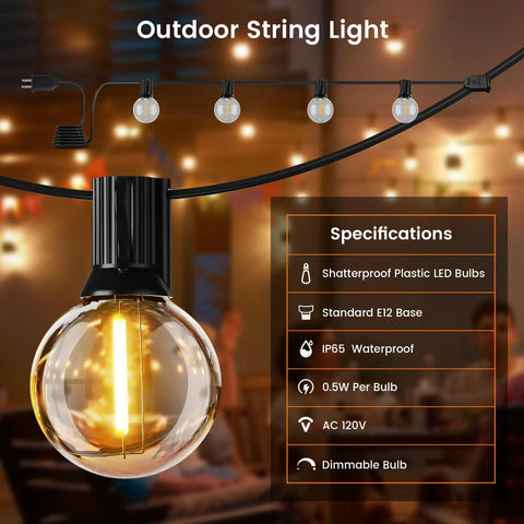 Outdoor String Lights 110Ft Dimmable Patio Lights With 58 Shatterproof 2200K LED G40 Bulbs Plus 2 Spare Bulbs Waterproof IP45 Weatherproof For Backyard Cafe Porch Deck Vibes UL Listed Edison Style Warm White Lights