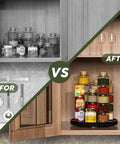 Before and after comparison using a Turntable Vanity Tray 10 Inch Multiuse Organizer for jars and glassware on a kitchen shelf.