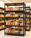 Heavy Duty 5 Tier Adjustable Storage Shelves Rack Holds Up To 3000 Lbs For Garage Kitchen Basement Pantry Or Warehouse Durable Metal Shelving With Solid Wooden Boards 72 In High 36 In Wide 16 In Deep Black stocked with pantry items