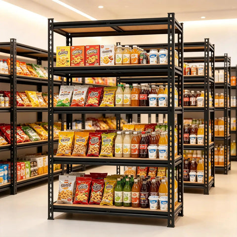 Heavy Duty 5 Tier Adjustable Storage Shelves Rack Holds Up To 3000 Lbs For Garage Kitchen Basement Pantry Or Warehouse Durable Metal Shelving With Solid Wooden Boards 72 In High 36 In Wide 16 In Deep Black stocked with pantry items