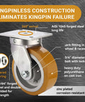 Extra Heavy Duty Kingpinless Swivel Plate Casters With 8 Inch Polyurethane Over Iron Wheels Deliver 16000 Lbs Load Rating Four Pack Setup close-up of swivel plate and wheel features.