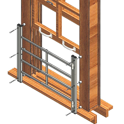 Carbon Steel Fixed 4 Bar Window Grill Guard For Home Security And Kid Safe Protection, Adjustable From 23.5 Inches To 38 Inches, Bronze Finish Non Egress Design installed on wooden window frame