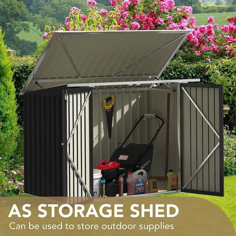 Outdoor Metal Storage Shed 5.8 x 3.3 Ft Weatherproof Lockable Yard Storage for Trash Cans, Tools and Garden Gear open door view