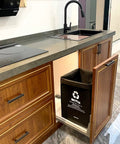 Installed Ultra Large Kitchen Recycle Bins With 29 Gallon Capacity, 4 Pack Trash Sorting Bins And Bags under a wooden kitchen counter.